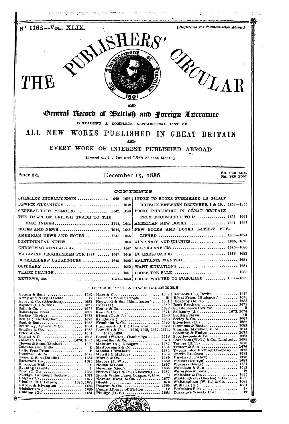 Publishers’ Circular (1880-1890): jS F Y, 1st edition - Literary Intelligence 1640—2653 Index To...