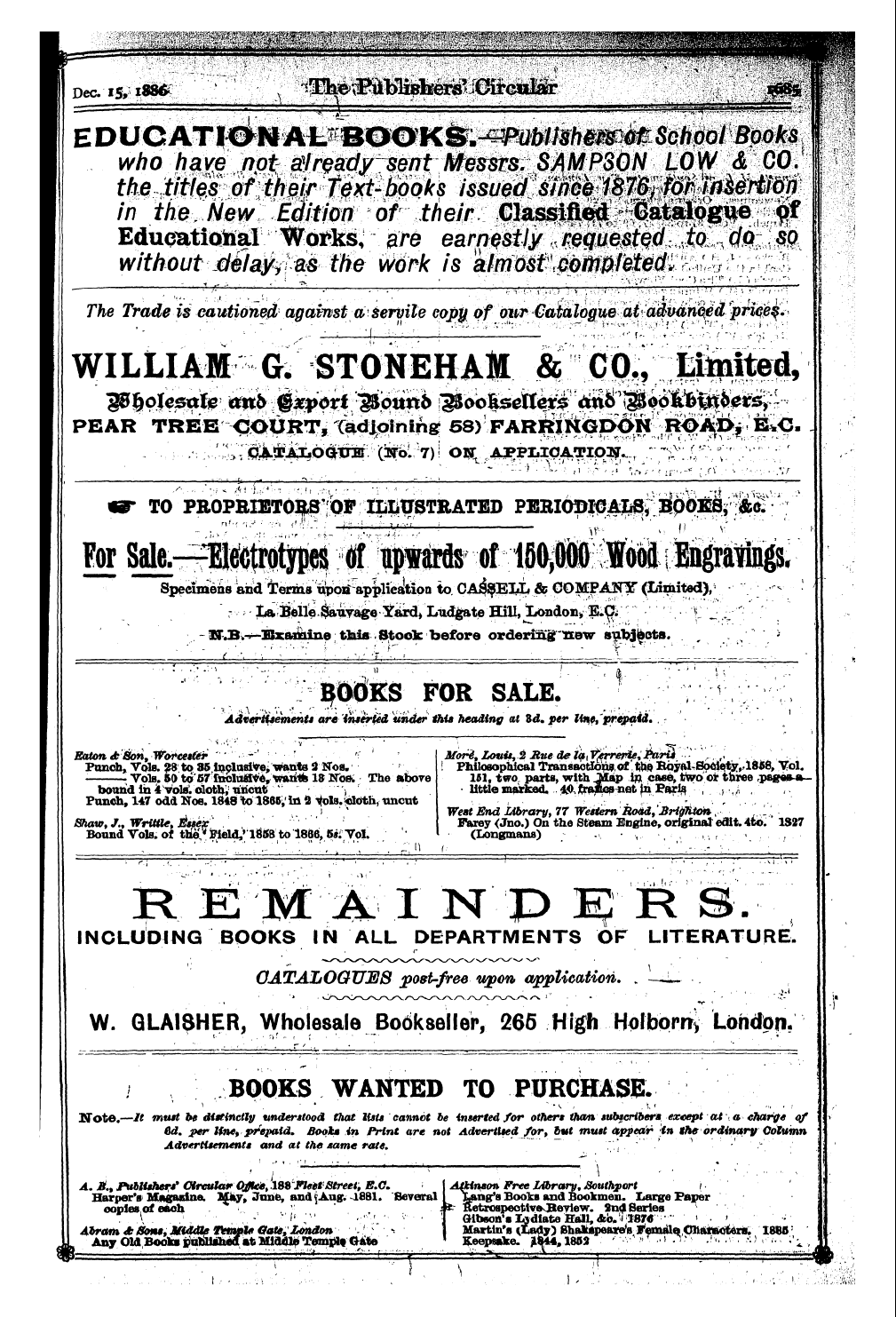 Publishers’ Circular (1880-1890): jS F Y, 1st edition - Ad04905