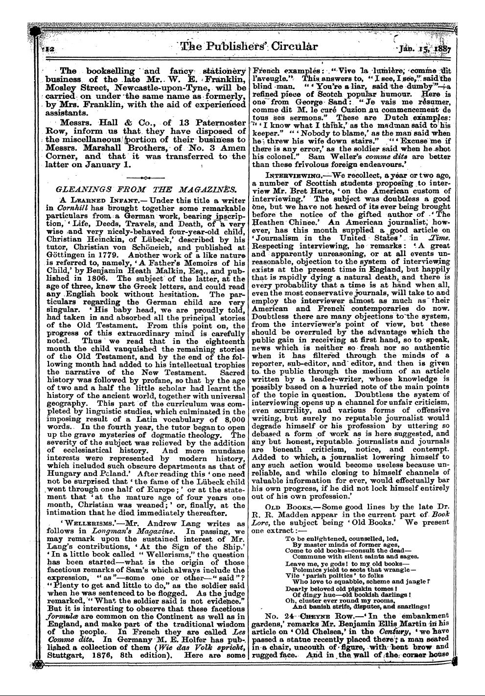 Publishers’ Circular (1880-1890): jS F Y, 1st edition - Gleanings From The Magazines. A ^—^^ Lba...