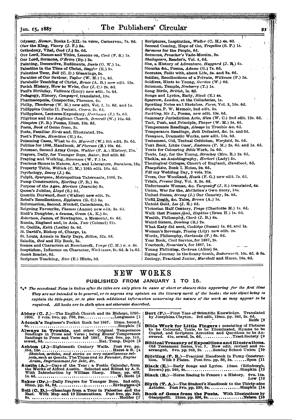 Publishers’ Circular (1880-1890): jS F Y, 1st edition - R Agnosticism, Sermons, Momerie (A. N.) ...