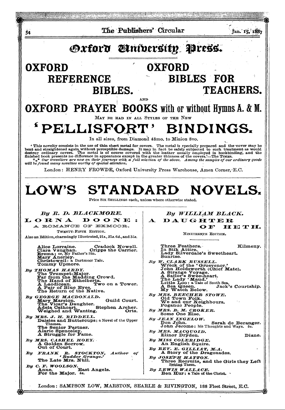 Publishers’ Circular (1880-1890): jS F Y, 1st edition - Ad05602