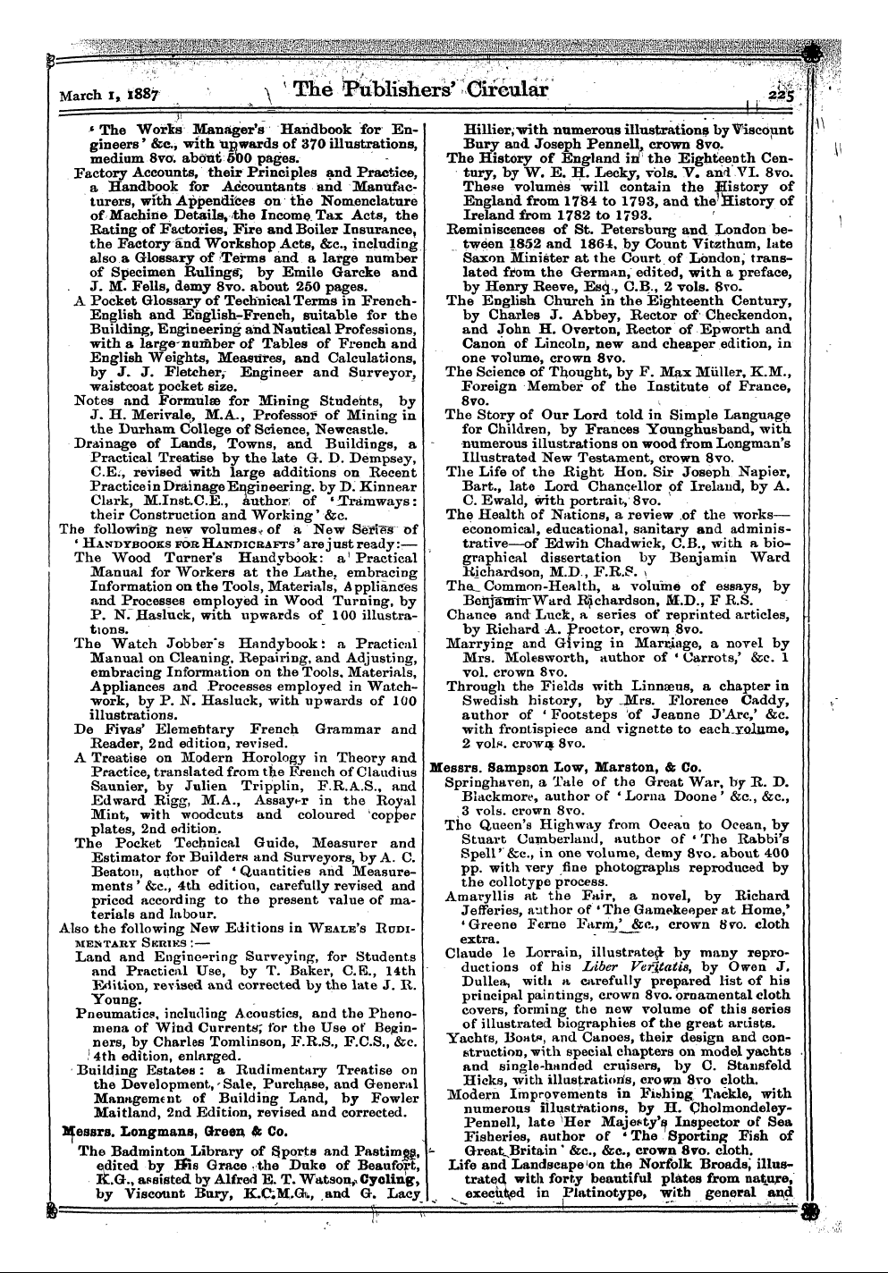 Publishers’ Circular (1880-1890): jS F Y, 1st edition - ¦ ' V Spring Announcements ] Messrs. Gk ...