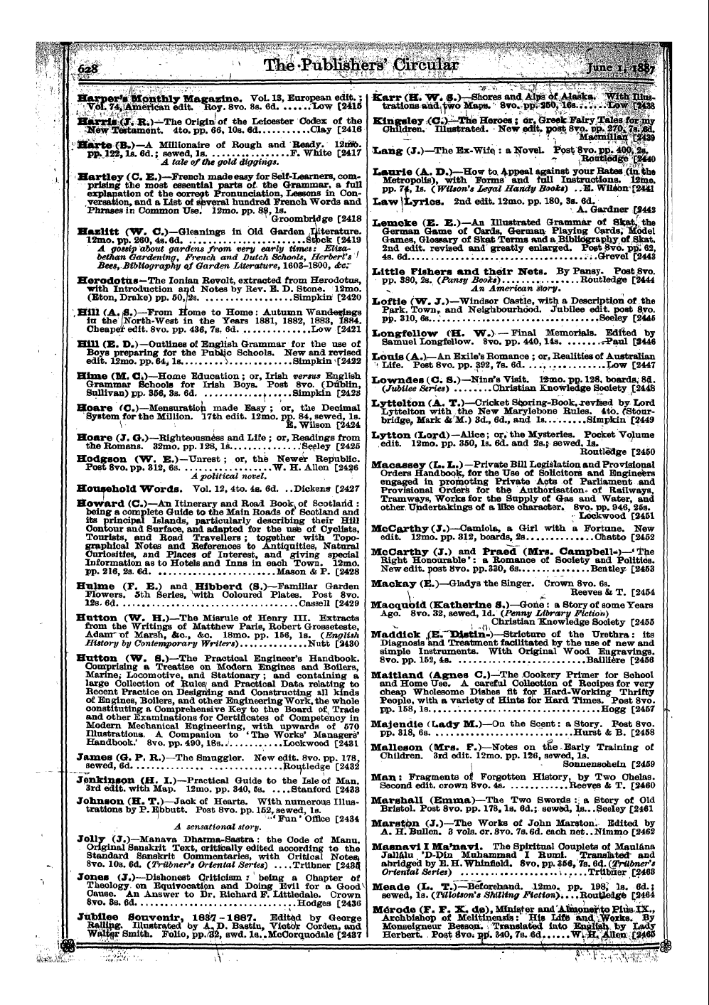 Publishers’ Circular (1880-1890): jS F Y, 1st edition - I Abbey In Post The 8to Eighteenth (O . ...
