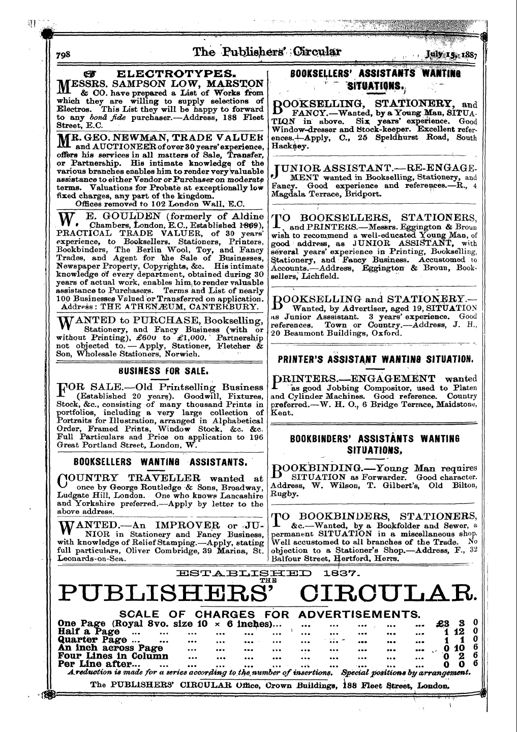 Publishers’ Circular (1880-1890): jS F Y, 1st edition - Booksellers' Assistants Wantinfl ~ Situations. ..R"