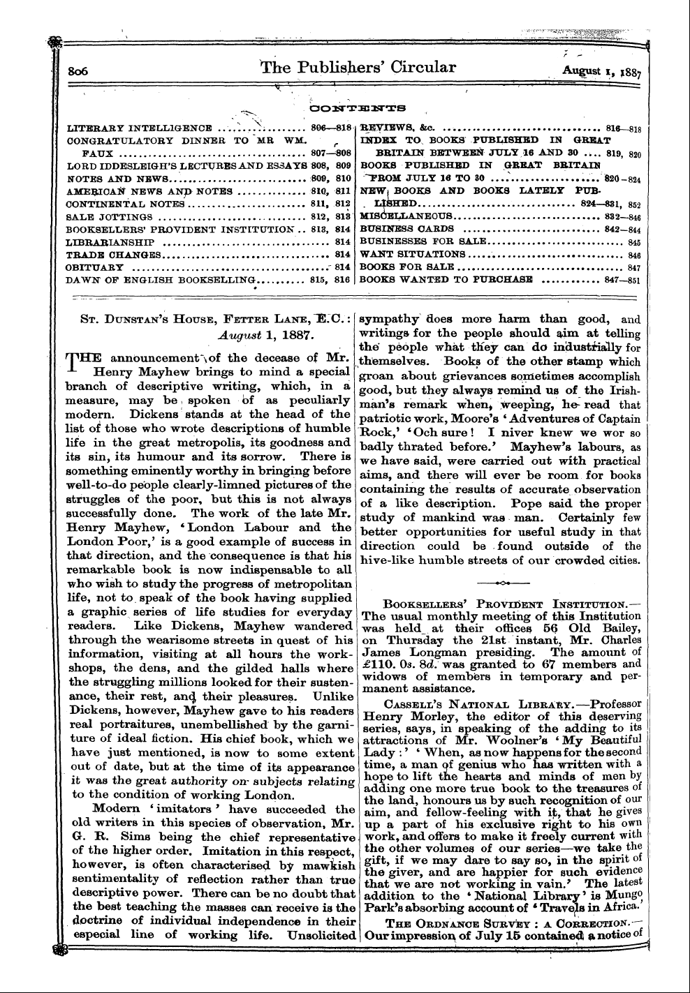 Publishers’ Circular (1880-1890): jS F Y, 1st edition - St. Dunstan's House, Fetter Lane, ~B .C. : August 1, 1887.