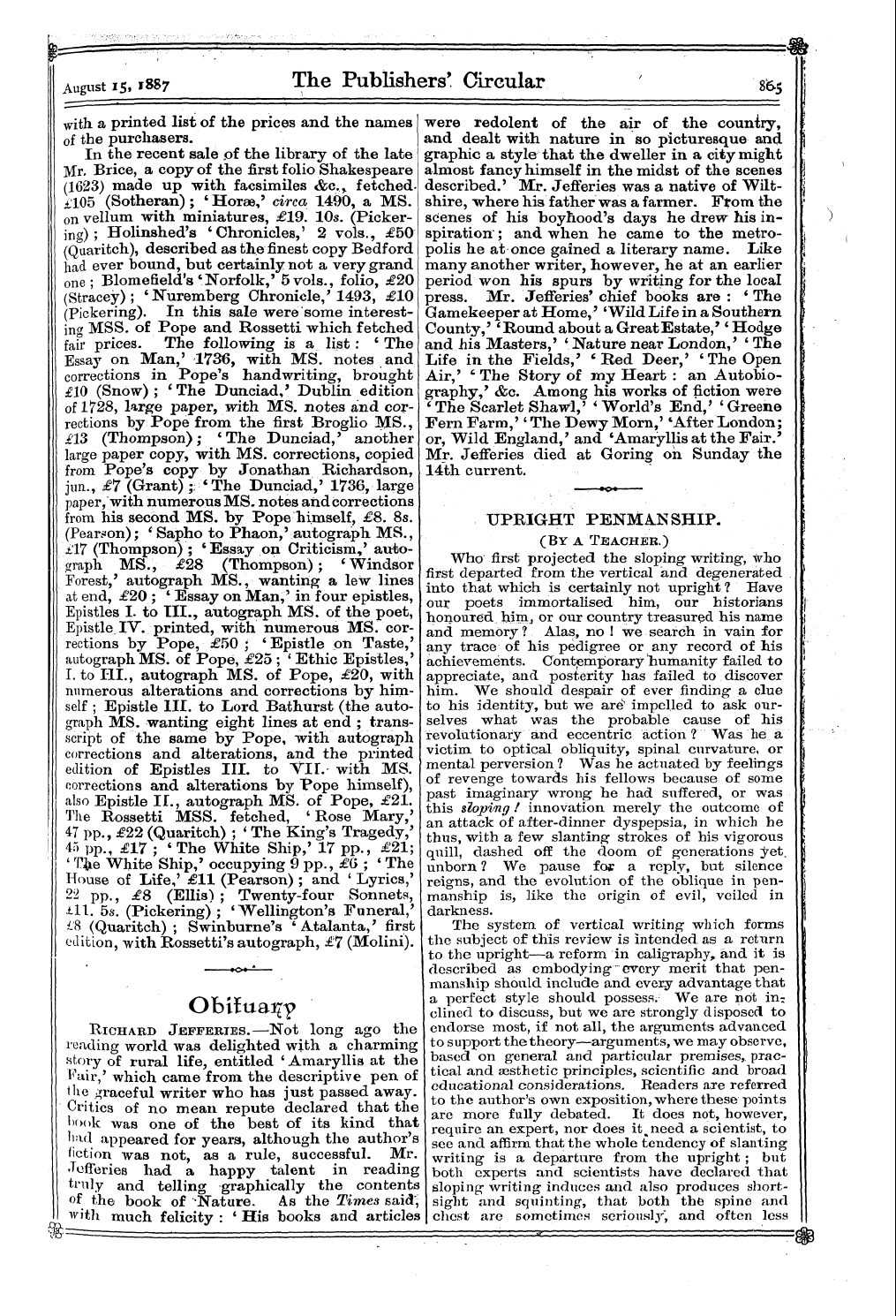 Publishers’ Circular (1880-1890): jS F Y, 1st edition - Upright Penmanship. (By A Teacher.)