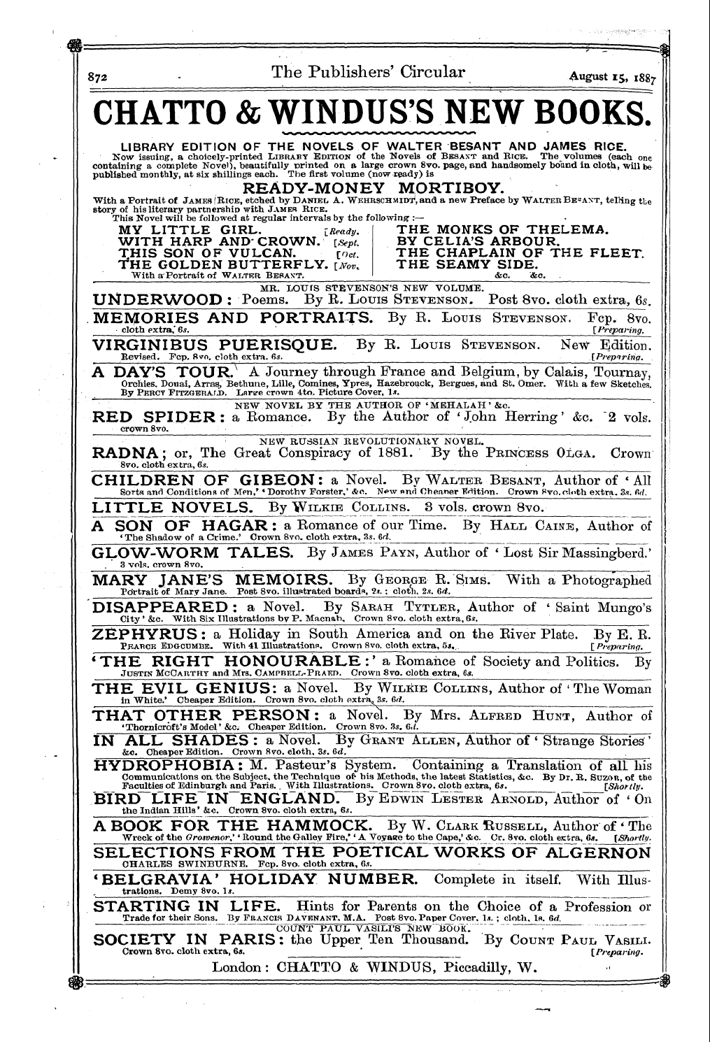 Publishers’ Circular (1880-1890): jS F Y, 1st edition - Chatto & Windus's New Books %#%