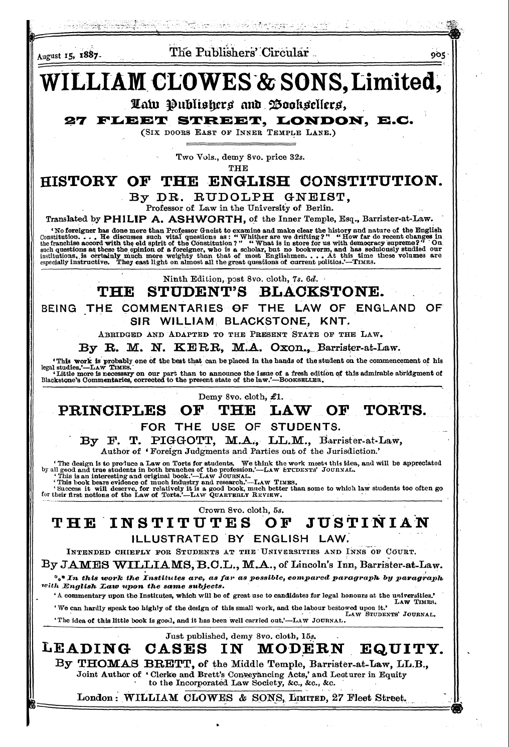 Publishers’ Circular (1880-1890): jS F Y, 1st edition - Ad05500