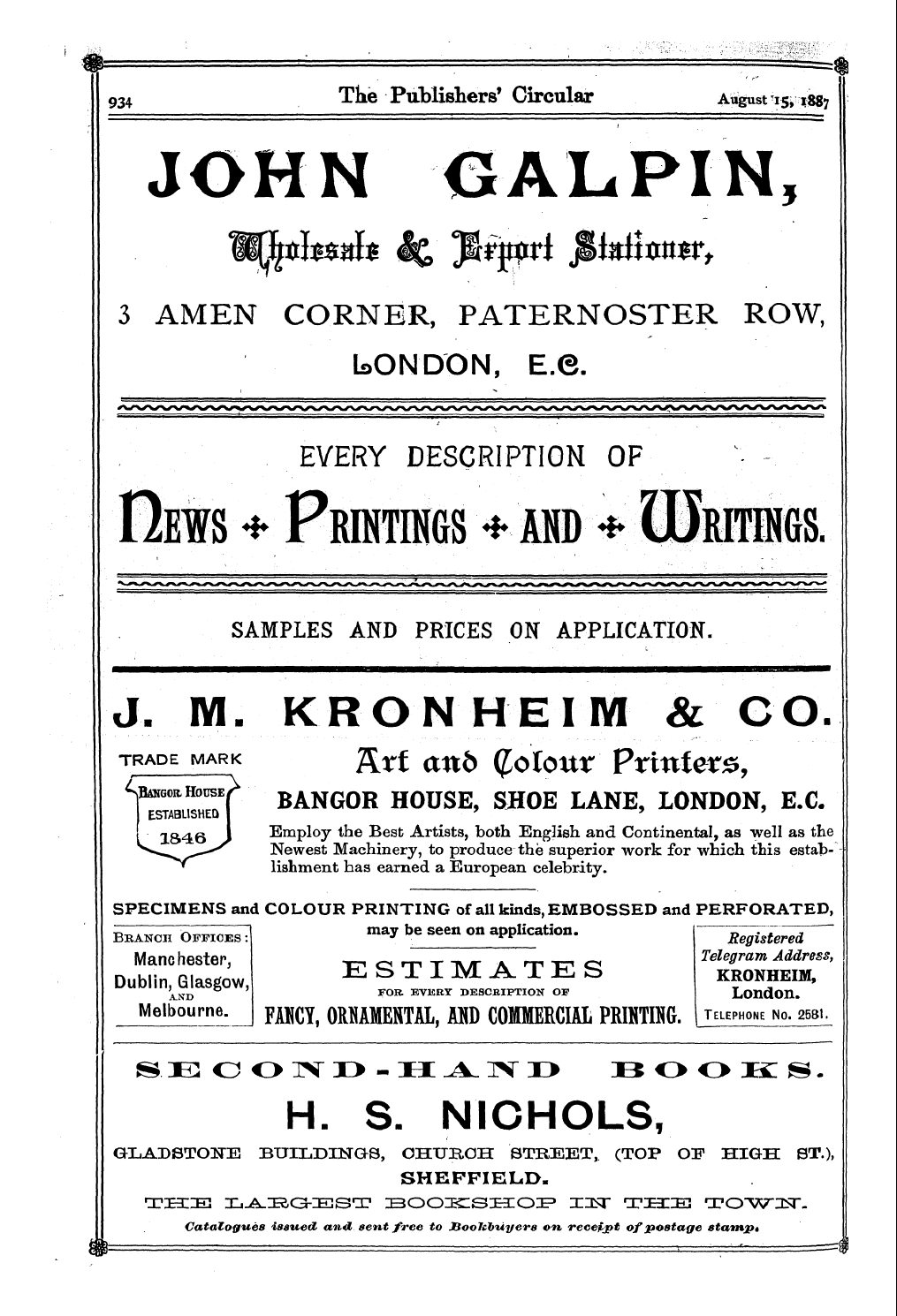 Publishers’ Circular (1880-1890): jS F Y, 1st edition - Ad08403