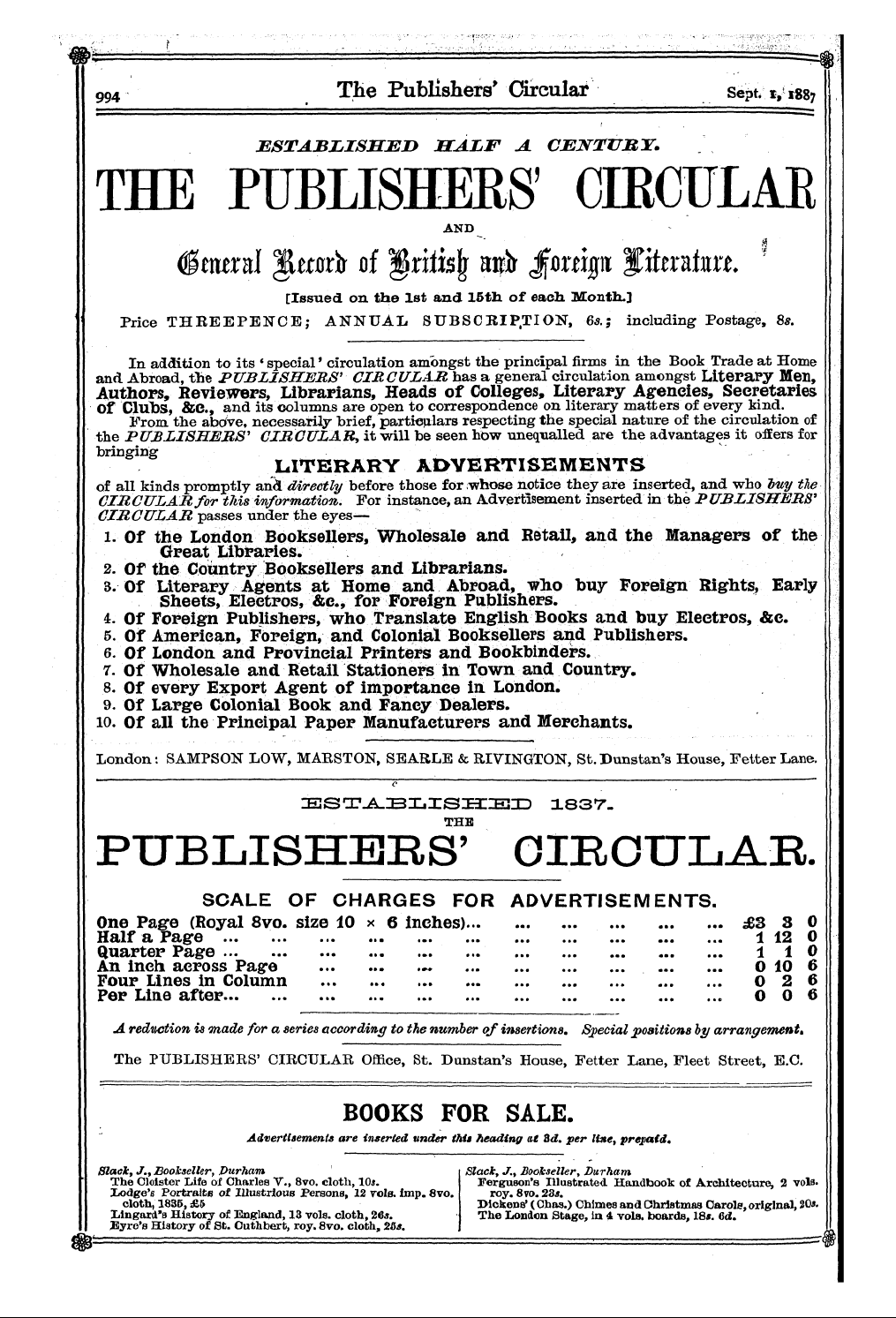 Publishers’ Circular (1880-1890): jS F Y, 1st edition - Books For Sale. Advertisements Are Inserted Under This Heading At 3d. Per Line, Prepaid.