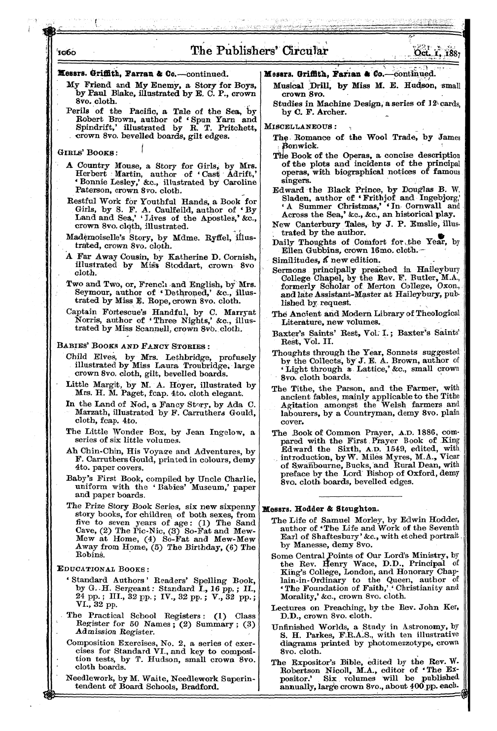 Publishers’ Circular (1880-1890): jS F Y, 1st edition - Messrs ^ F — ¦¦ W . Griffith — T — ¦ 1 ^...