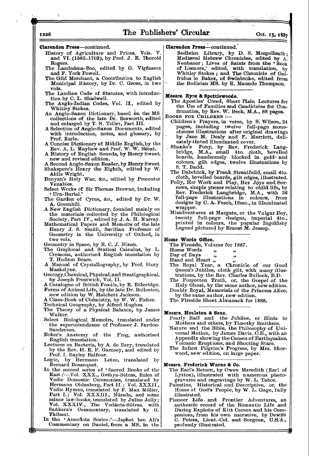 Publishers’ Circular (1880-1890): jS F Y, 1st edition - T Messrs. Eyre & Spottiswoode. The —^^»—...