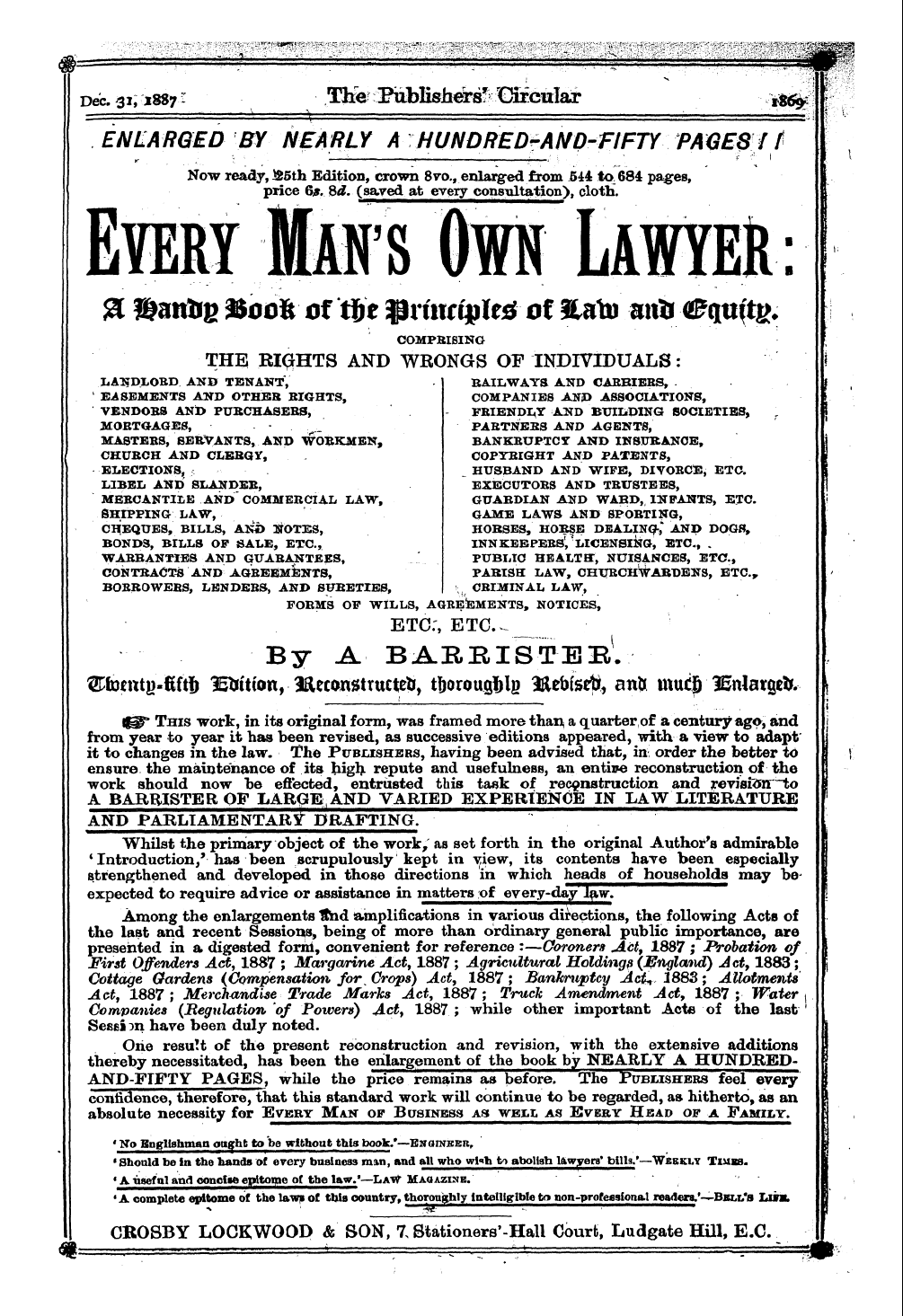 Publishers’ Circular (1880-1890): jS F Y, 1st edition - Ad03101