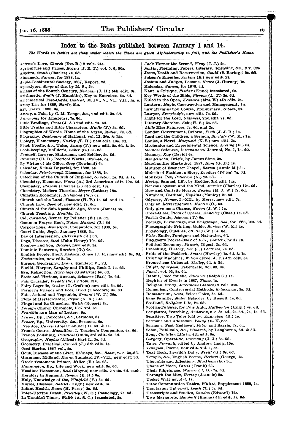 Publishers’ Circular (1880-1890): jS F Y, 1st edition - Index To The Books Published Between January 1 And 14. The Words In Italic* Are Those Under Which The Titles Are Given Alphabetically In Full, With The Publisher's Name,._^^_^ ^^__ , - B