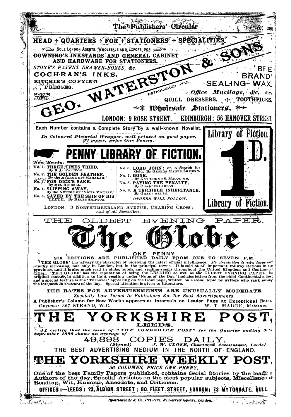 Publishers’ Circular (1880-1890): jS F Y, 1st edition - Ad10802