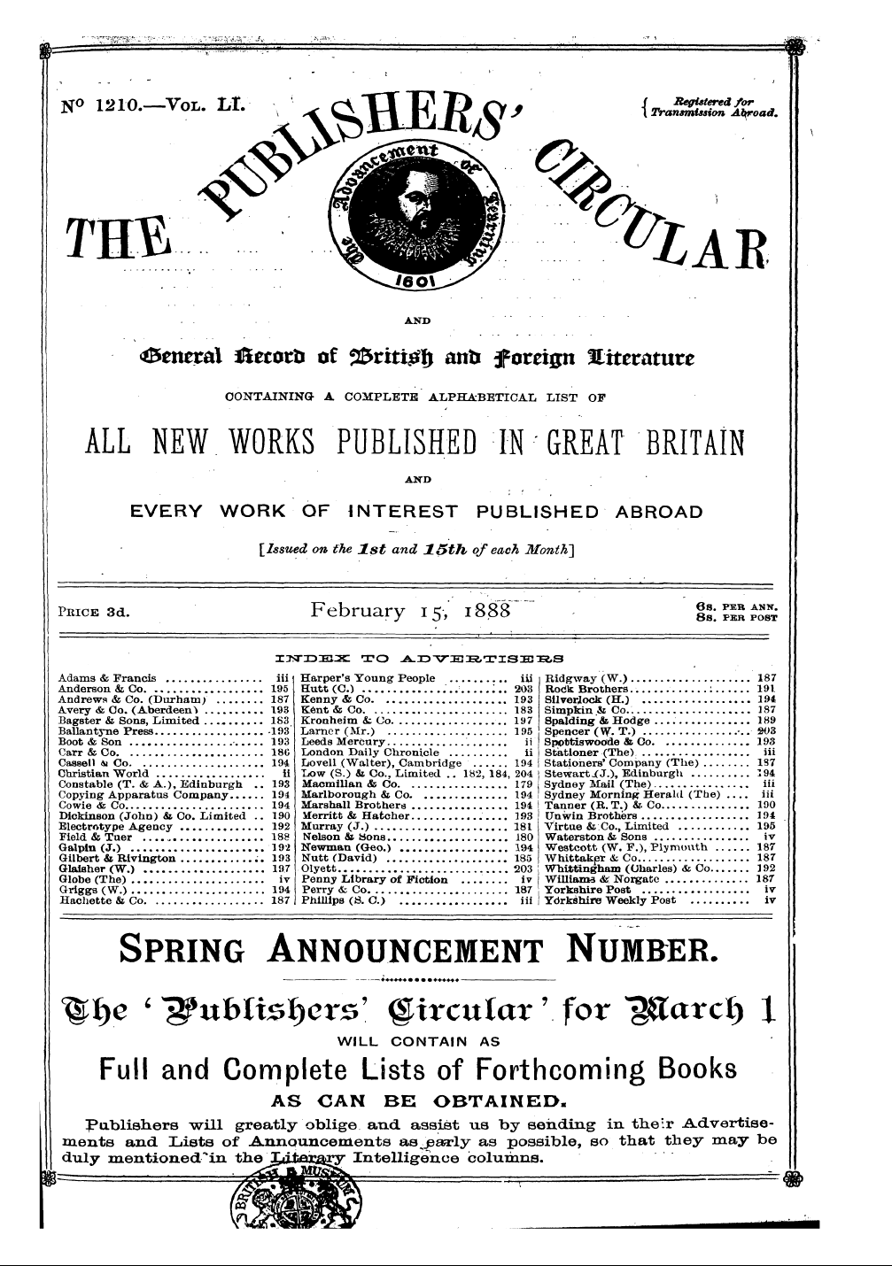 Publishers’ Circular (1880-1890): jS F Y, 1st edition - Ad00305