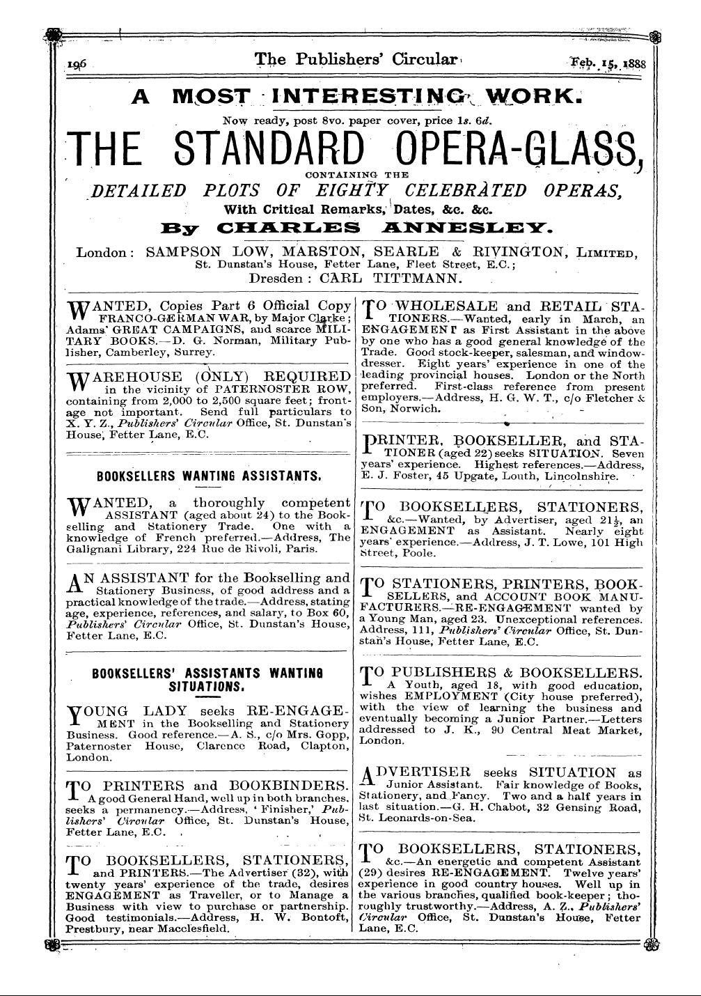 Publishers’ Circular (1880-1890): jS F Y, 1st edition - Ad04217