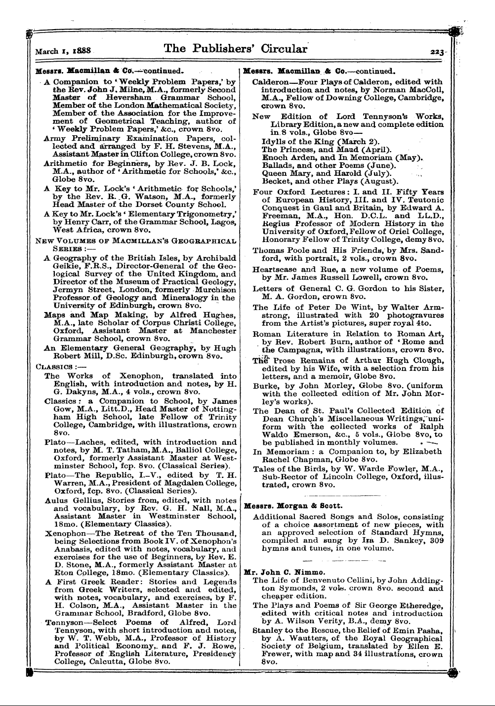 Publishers’ Circular (1880-1890): jS F Y, 1st edition - Messrs. Morgan & Scott. Additional Sacre...