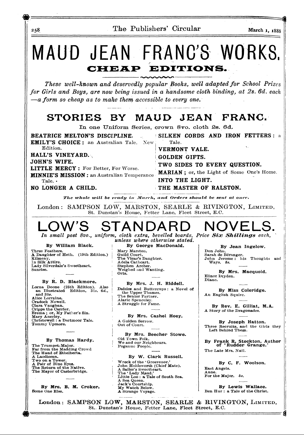 Publishers’ Circular (1880-1890): jS F Y, 1st edition - Ad05601