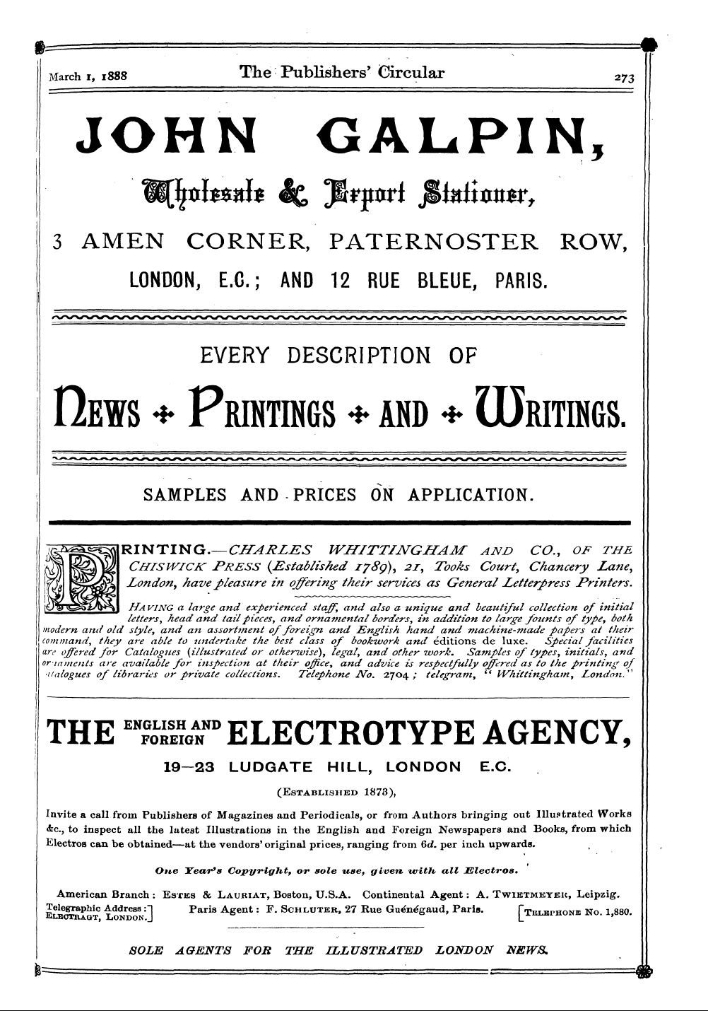 Publishers’ Circular (1880-1890): jS F Y, 1st edition - Ad07101