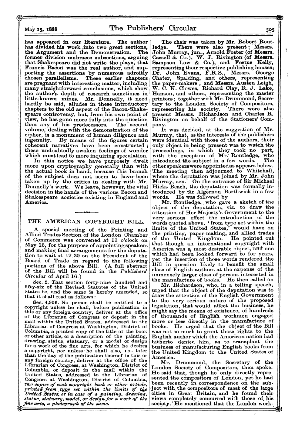 Publishers’ Circular (1880-1890): jS F Y, 1st edition - The American Copyright Bill.