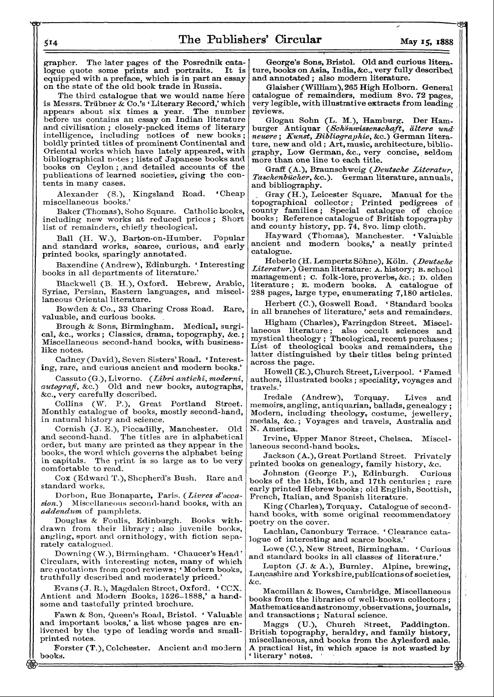 Publishers’ Circular (1880-1890): jS F Y, 1st edition - *W ; -M ^I4 The Publishers' Circular May...