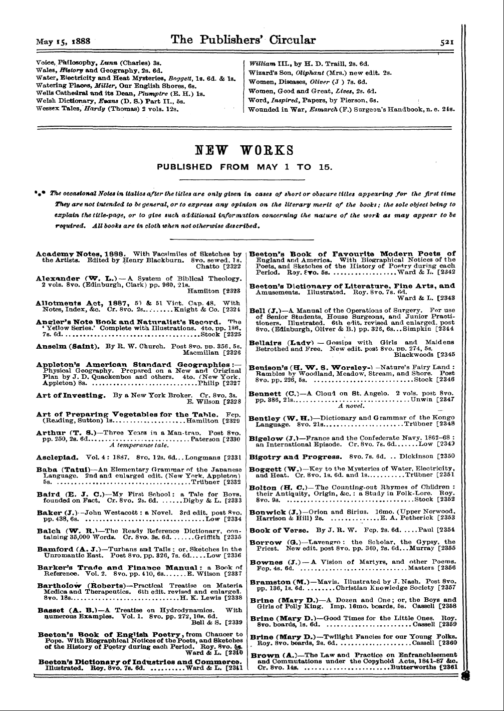 Publishers’ Circular (1880-1890): jS F Y, 1st edition - • #* The Occasional Notes In Italics Aft...