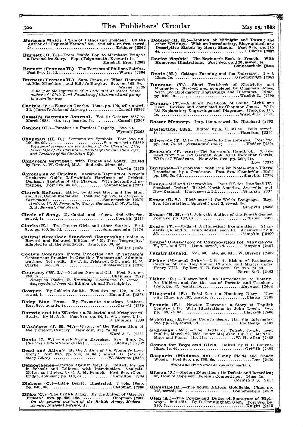 Publishers’ Circular (1880-1890): jS F Y, 1st edition: 24