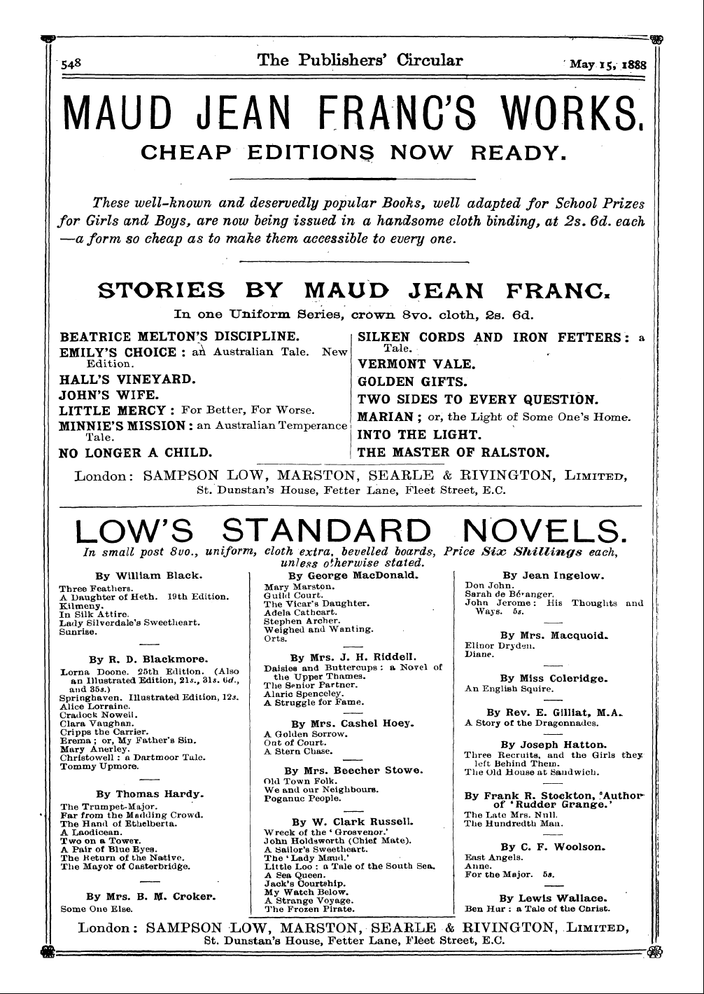 Publishers’ Circular (1880-1890): jS F Y, 1st edition - Ad05002