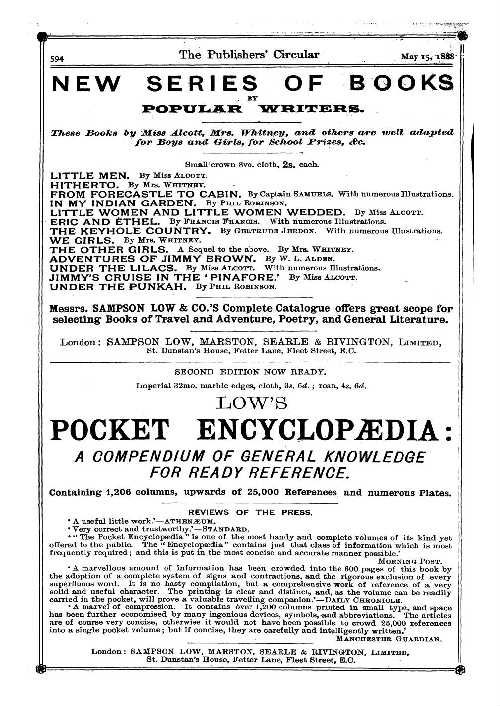 Publishers’ Circular (1880-1890): jS F Y, 1st edition - Ad09602