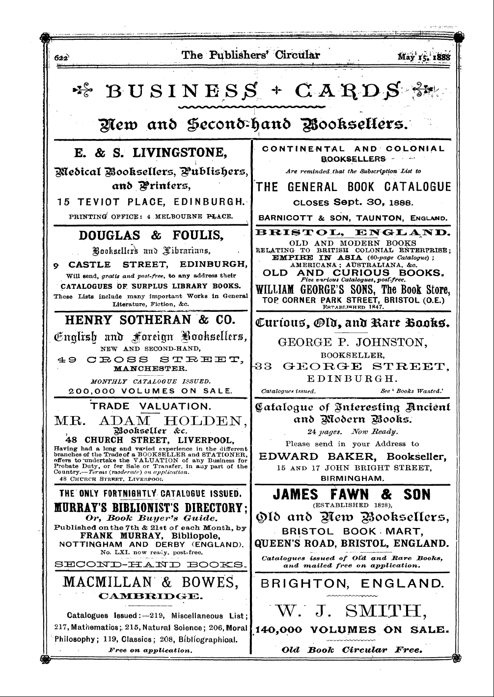 Publishers’ Circular (1880-1890): jS F Y, 1st edition - Ad12403