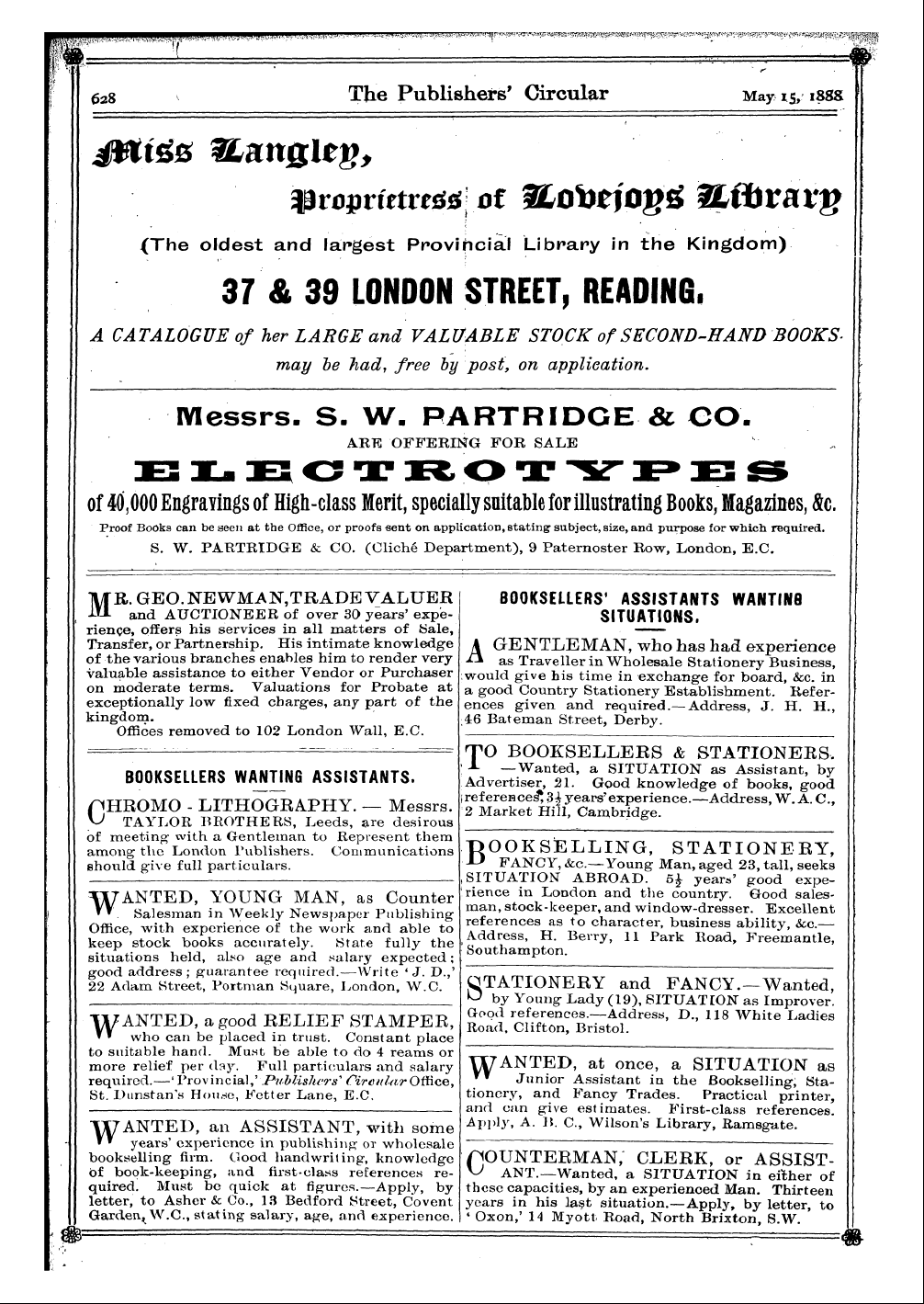 Publishers’ Circular (1880-1890): jS F Y, 1st edition - Booksellers' Assistants Wanting Situations.