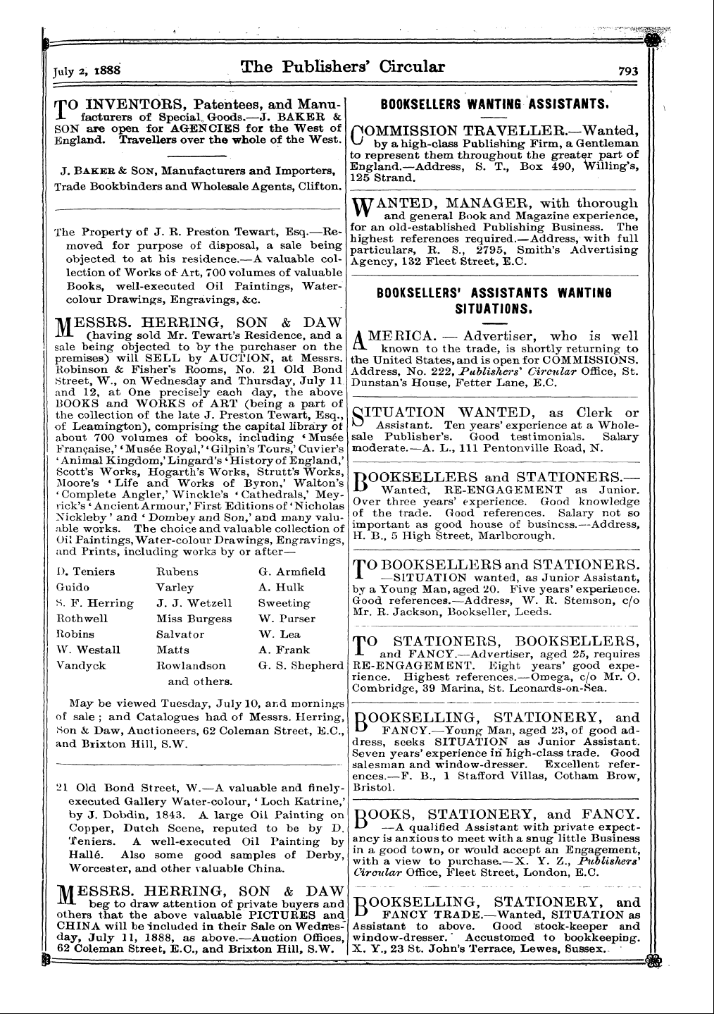 Publishers’ Circular (1880-1890): jS F Y, 1st edition - Ad04707