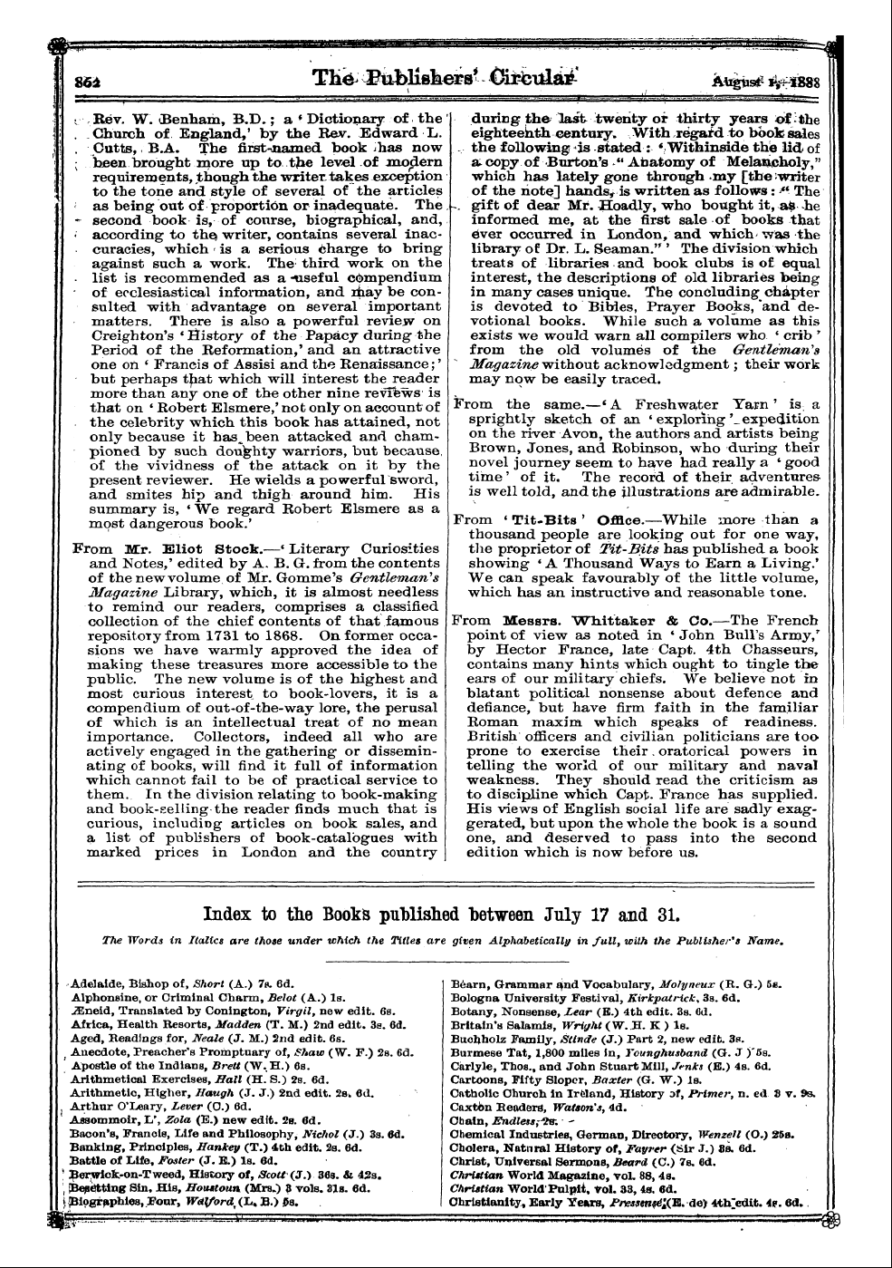 Publishers’ Circular (1880-1890): jS F Y, 1st edition - Adelaide, Bishop Of, Short (A.) 7b. 6d. ...