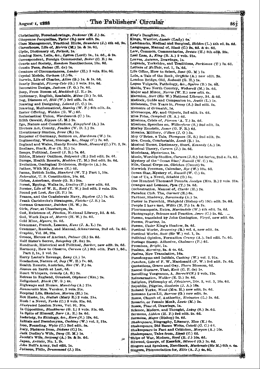 Publishers’ Circular (1880-1890): jS F Y, 1st edition - Adelaide, Bishop Of, Short (A.) 7b. 6d. ...