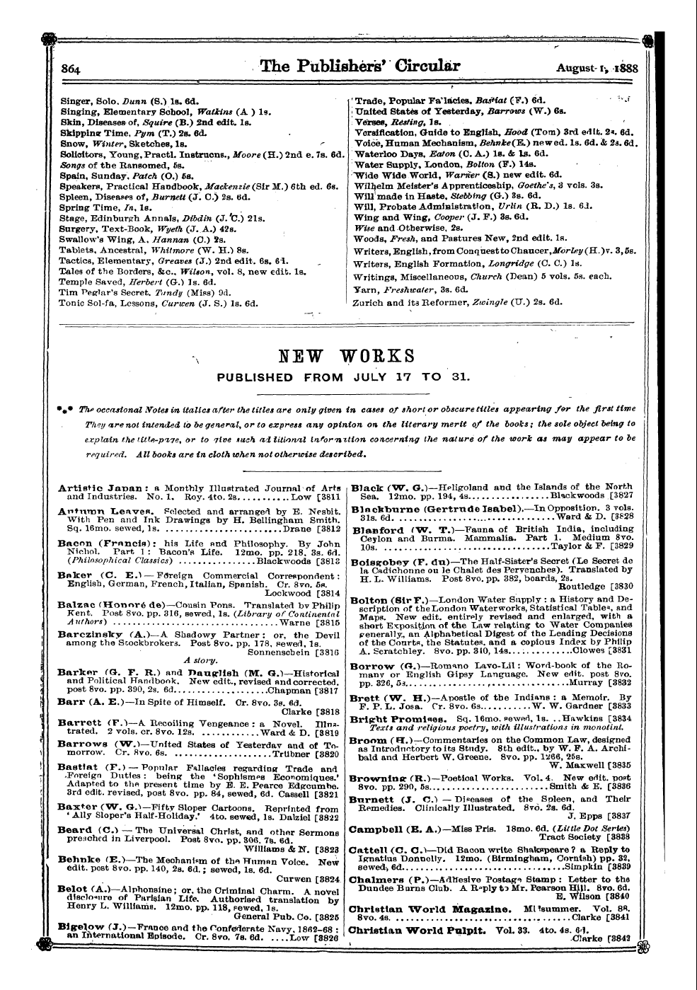 Publishers’ Circular (1880-1890): jS F Y, 1st edition - Adelaide, Bishop Of, Short (A.) 7b. 6d. ...