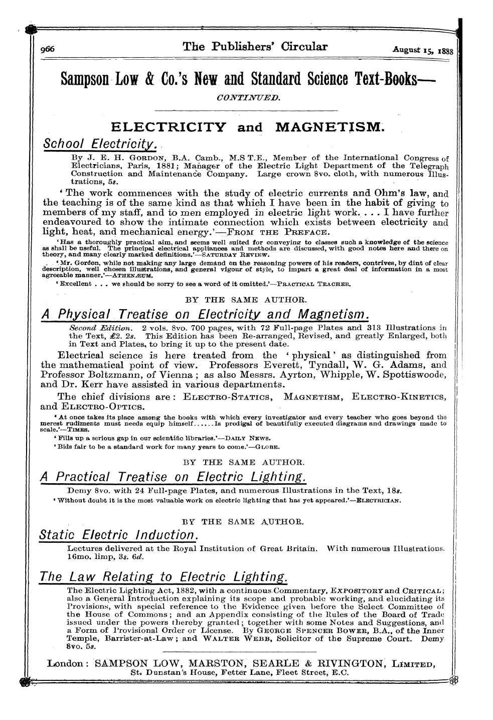 Publishers’ Circular (1880-1890): jS F Y, 1st edition - Ad06301