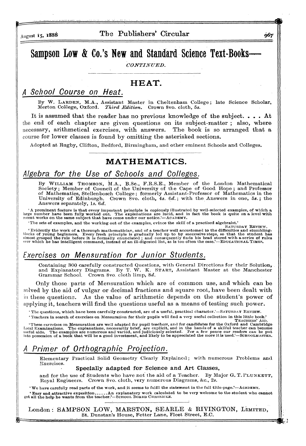 Publishers’ Circular (1880-1890): jS F Y, 1st edition - Ad06301