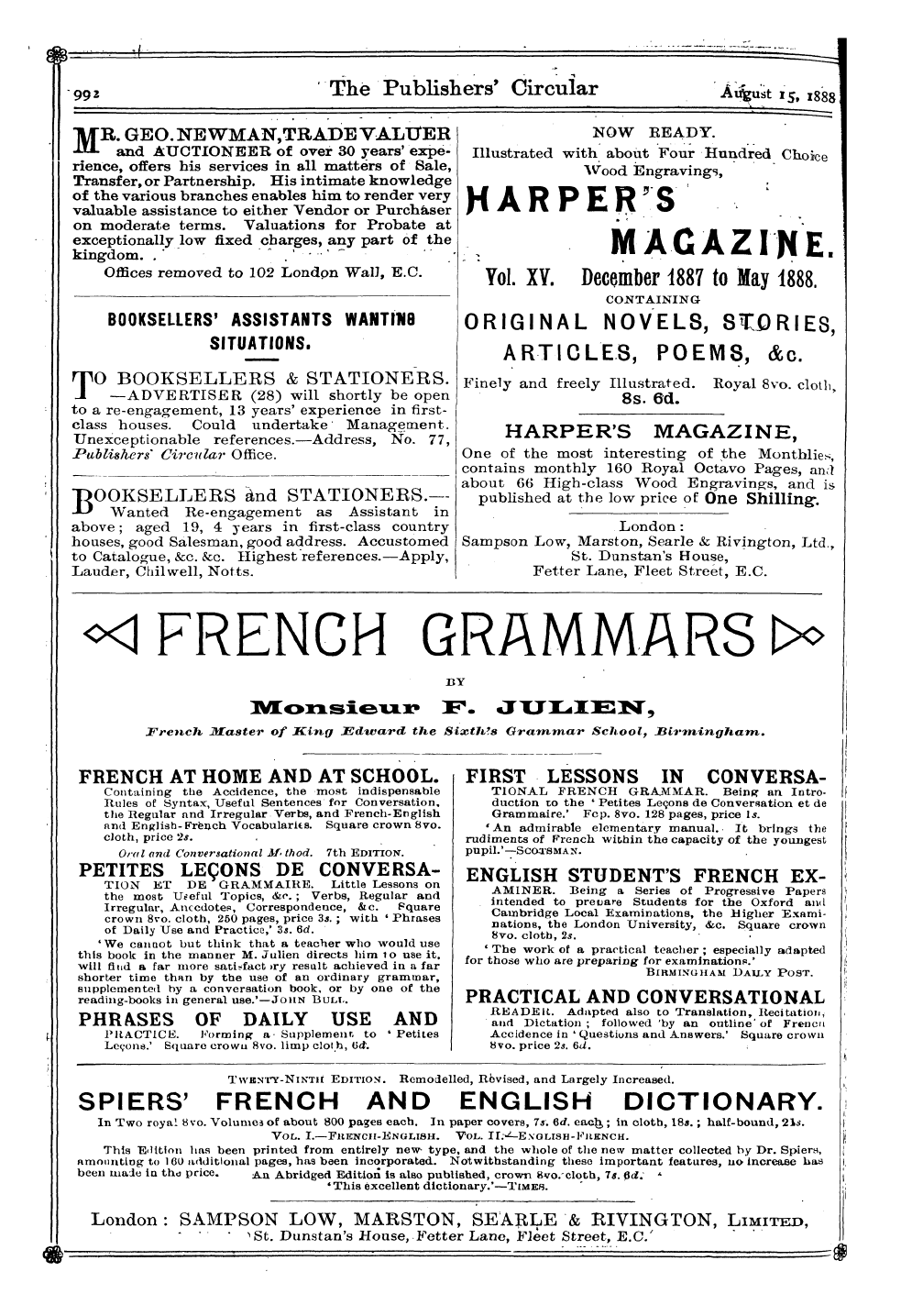 Publishers’ Circular (1880-1890): jS F Y, 1st edition - Ad09002