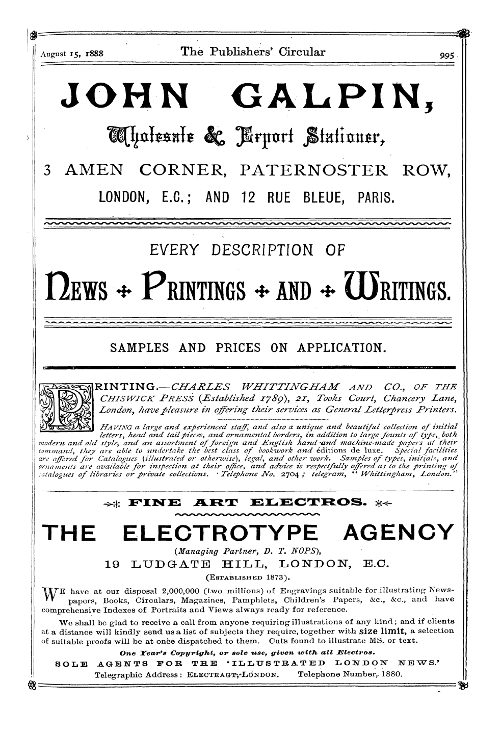 Publishers’ Circular (1880-1890): jS F Y, 1st edition - Ad09303