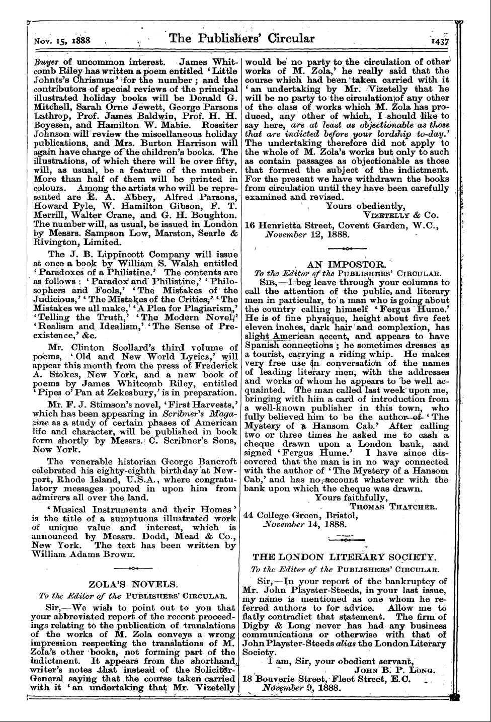 Publishers’ Circular (1880-1890): jS F Y, 1st edition - Gjr ¦ "Gd