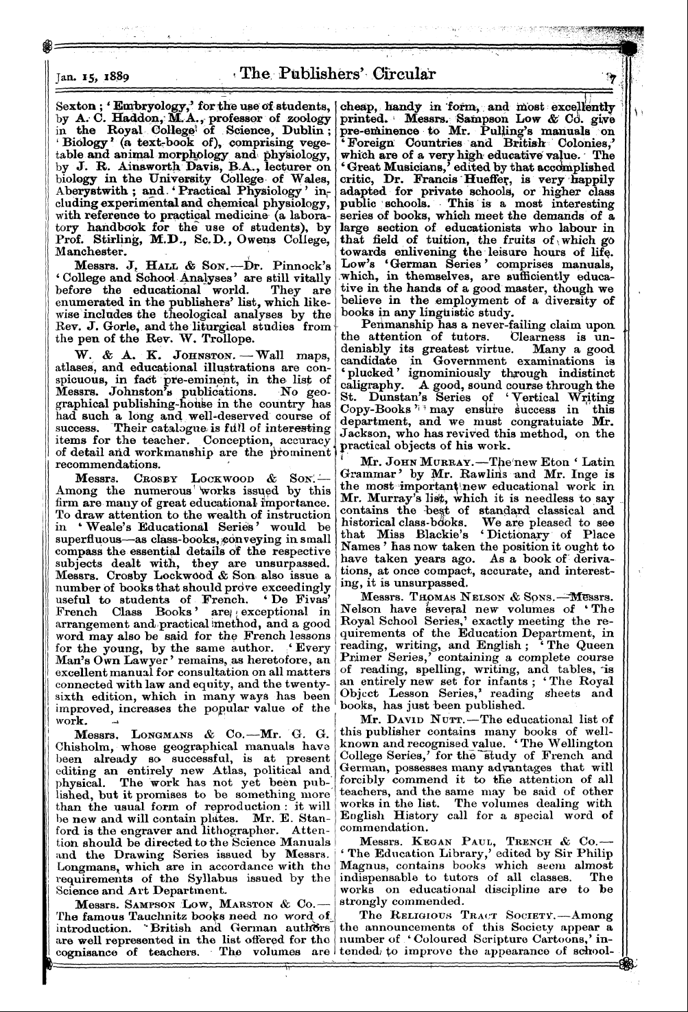 Publishers’ Circular (1880-1890): jS F Y, 1st edition - Current Educational Literature.