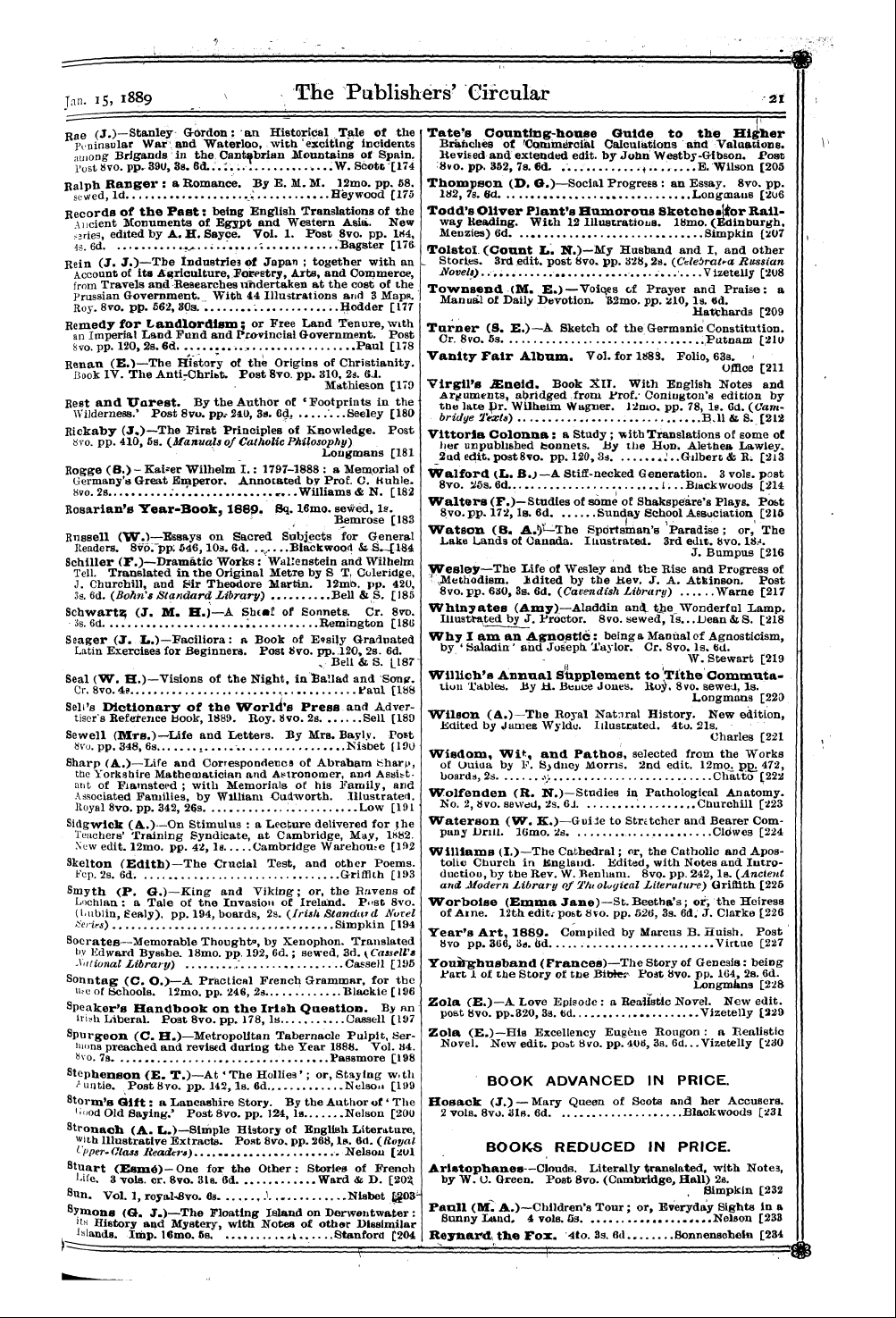 Publishers’ Circular (1880-1890): jS F Y, 1st edition - Jan. 15,1889 'The Pablishers' Circular ,...