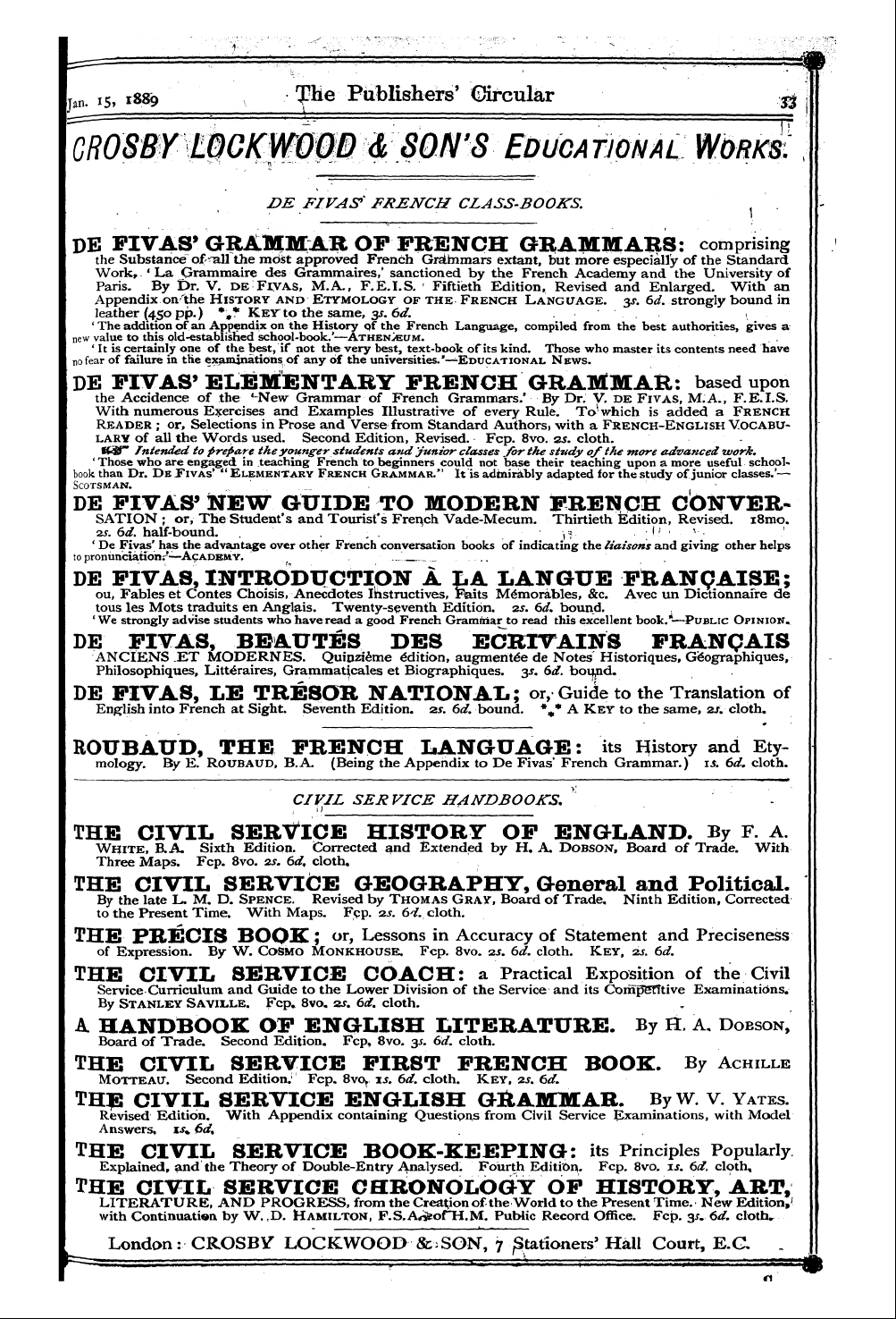 Publishers’ Circular (1880-1890): jS F Y, 1st edition - Ad03401