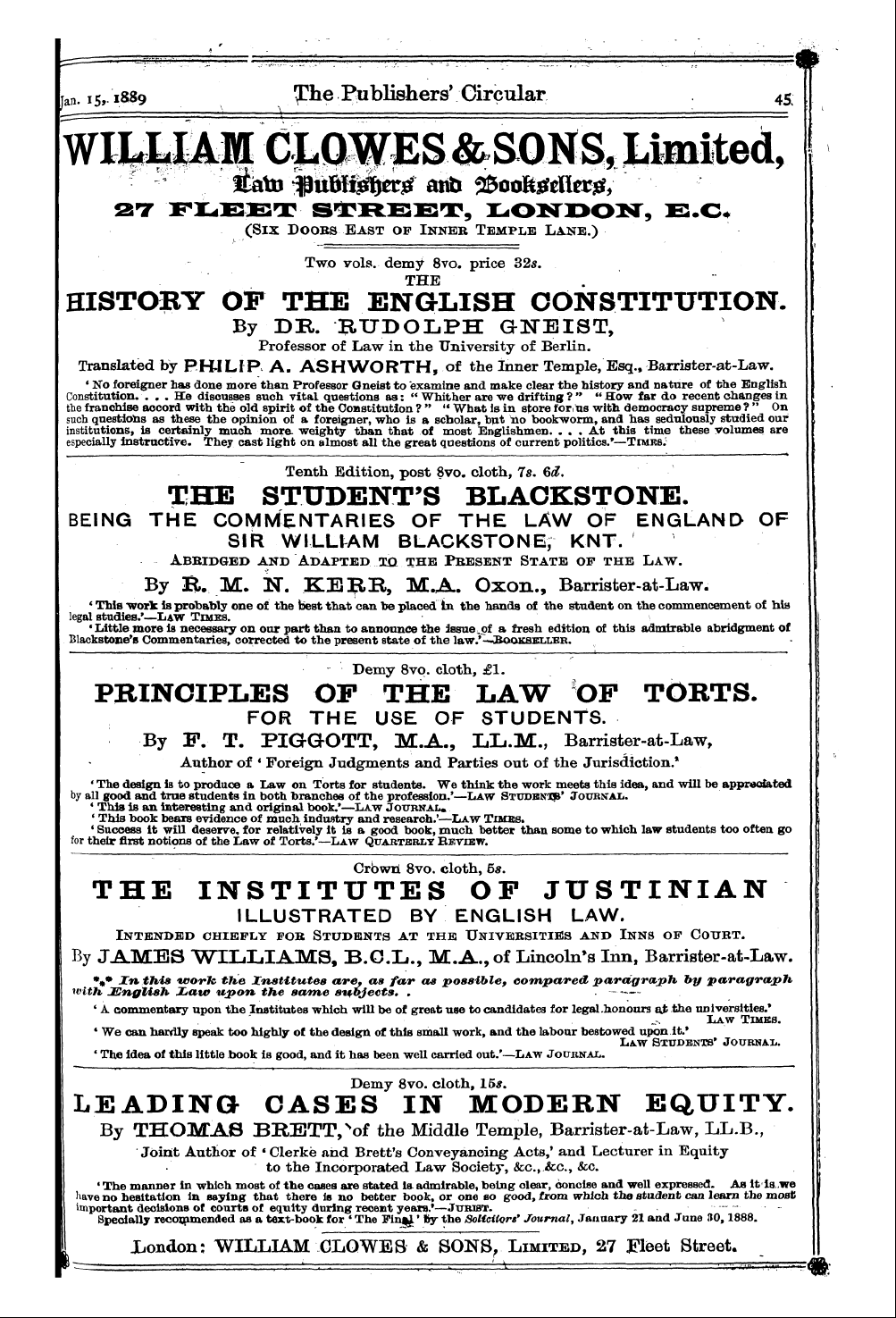 Publishers’ Circular (1880-1890): jS F Y, 1st edition - Ad04701