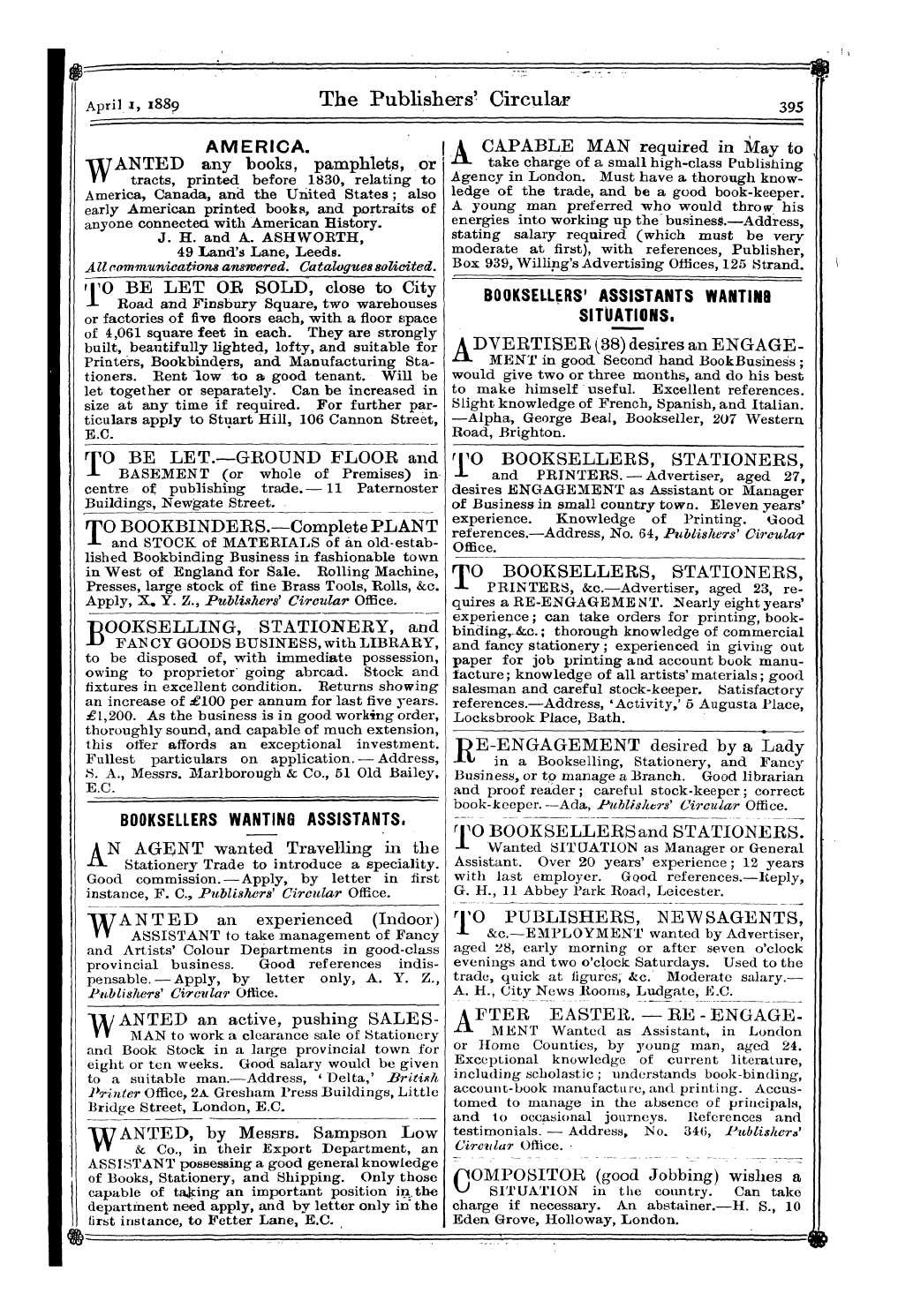 Publishers’ Circular (1880-1890): jS F Y, 1st edition - Ad05117