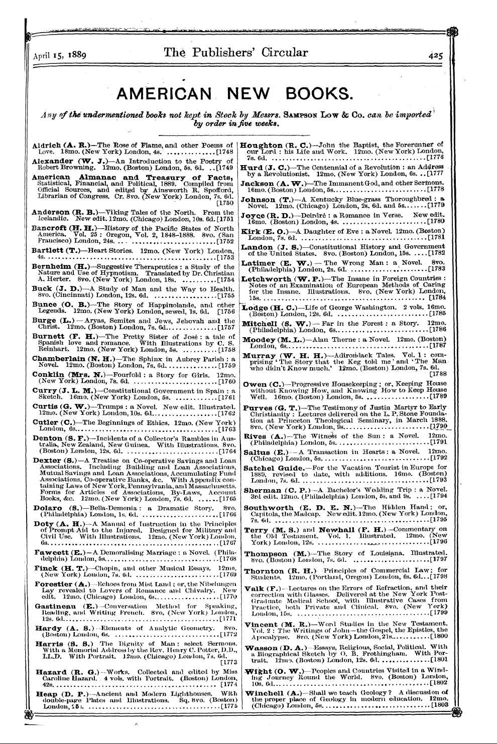 Publishers’ Circular (1880-1890): jS F Y, 1st edition: 23