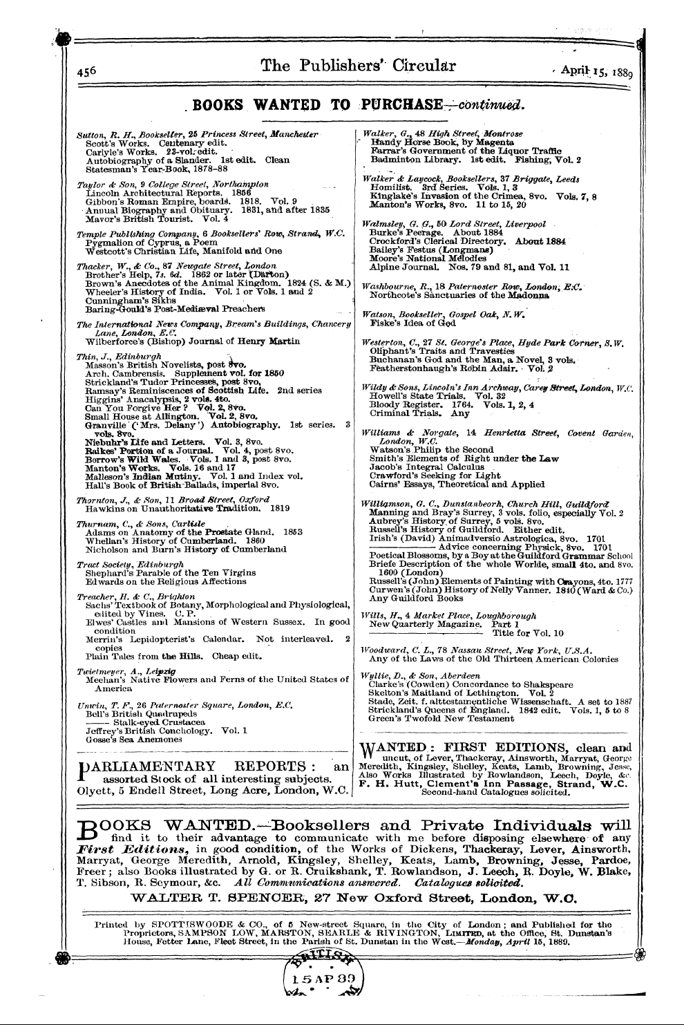 Publishers’ Circular (1880-1890): jS F Y, 1st edition - Pc05406