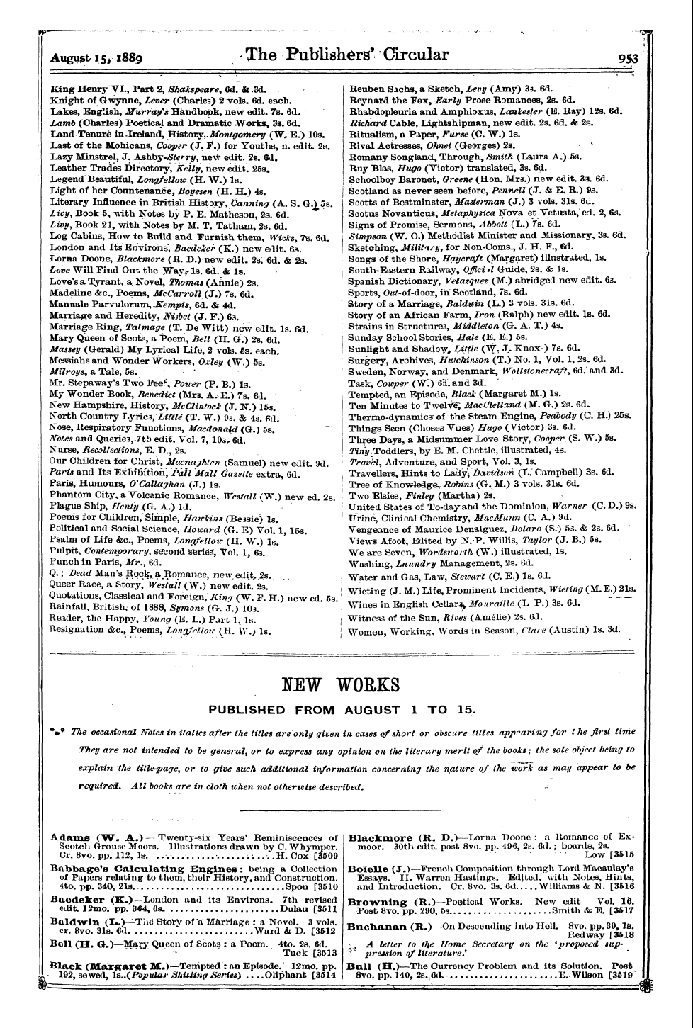 Publishers’ Circular (1880-1890): jS F Y, 1st edition - Eew Works Published From August 1 To 15.