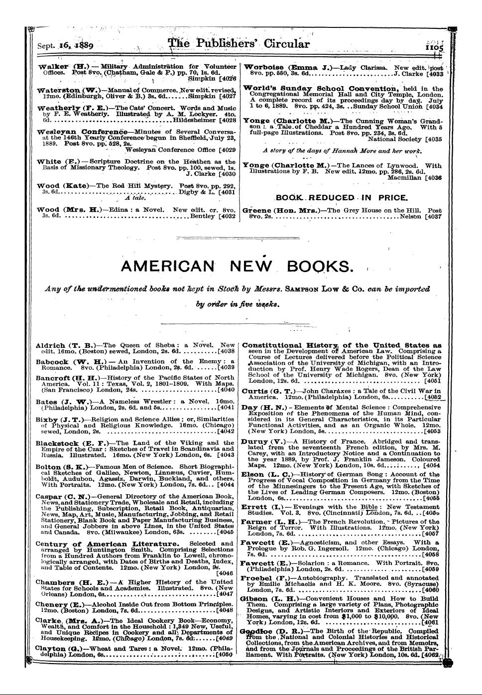 Publishers’ Circular (1880-1890): jS F Y, 1st edition - Any Of The Undermentioned Books Not Kept...